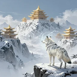 Magic white spirit wolf watches from a cliff the Snowy Mountains with golden temples on the peaks. cgsociety, fantasy illustration, magic and power of the wolf. ArtStation, unreal engine 5