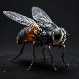 giant humanoid fly against dark background, fluid, smooth, organic, crazy, high contrast, sharpness, dramatic, by greg rutkowski and siudmak and richard corben and moebius