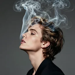 annie liebowitz photo of a man who's head is turning into a billow of smoke