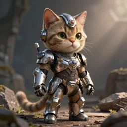 an anthropomorphic cat wearing intricately detailed sci fi armor, chibi art style