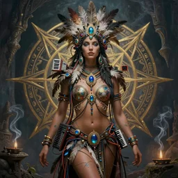 a psytrance painting of an alluring electronic mystical tribal goddess adorned with feathers and gemstones and cables and synthesizer parts is surrounded by sacred geometry made from elven architecture and incense smoke, full body, gorgeous, perfect face, powerful, cinematic, beautifully lit, by artgerm, by karol bak, by viktoria gavrilenko, 3 d, trending on artstation, octane render, 8 k