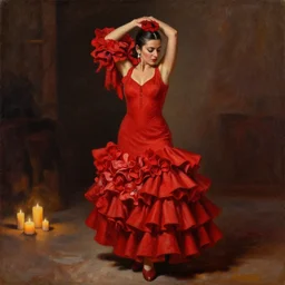 oil painting of spanish flamenco dancer in mallorca wearing a red dress made of flowers, dimly lit by candles on the ground, photo realistic, extreme detail skin, no filter, slr, 4 k, high definition