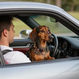dachshund driving a Porsche
