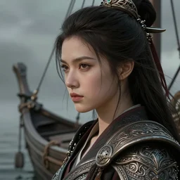 A beautiful female warrior posing on a boat, beautiful face, highly detailed face, close-up, fantasy woman, fantasy art, in the style of greg rutkowski, illustration, epic, fantasy, intricate, hyper detailed, artstation, concept art, smooth, sharp focus, ray tracing, profile shot