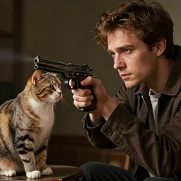 stock photo of a man pointing a gun at a cat
