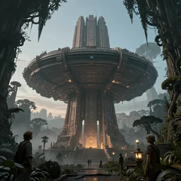 Retro futuristic Sci-Fi space forest scene, Giant Aztec spaceship, volumetric light, fog, dusk lighting, intricate details ,by denis villeneuve, Ridley Scott, Greg Rutkowski and Alphonse Mucha