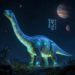bioluminescent brachiosaurus glowing in the dark, cinematic lighting, photo, ultra real, high detail, high definition, post production, octance render, 8 k, planets as balloons, runes, typography, persist, magical, mystical, fantasy, sci - fi