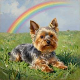 a gray and brown Yorkshire Terrier laying in beautifully green grass under a rainbow by Michael Sowa, head and shoulders portrait, golden hour, extremely detailed masterpiece, oil on canvas, by J. C. Leyendecker and Peter Paul Rubens and Edward Hopper and Michael Sowa,