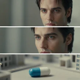 beautiful three point perspective film still of neo blue pill scene in matrix, extreme closeup portrait in style of frontiers in miniature porcelain photography fashion architectural art studio seinen manga edition, miniature porcelain portrait, eye contact, tilt shift style scene background, soft lighting, kodak portra 4 0 0, 8 k, macro, cinematic style by wachowski