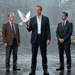 rutger hauer as roy batty standing in the rain and holding a dove, painted by norman rockwell and tom lovell and frank schoonover