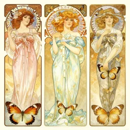 realistic detailed illustration of butterflies by Alphonse Mucha, Ayami Kojima, Amano, Charlie Bowater, Karol Bak, Greg Hildebrandt, Jean Delville, and Mark Brooks, Art Nouveau, Pre-Raphaelite, Neo-Gothic, gothic, rich deep moody colors