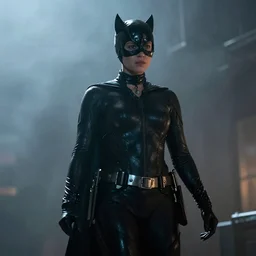 real-life Catwoman, cinematic, Low angle, atmospheric fog and lighting, directed by Michael Bay, high detail, 8K, movie still
