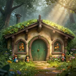 a medieval hobbit home, ornate, beautiful, atmosphere, vibe, mist, rain, forest, flowers, concept art illustration, color page, 4 k, tone mapping, doll, akihiko yoshida, james jean, andrei riabovitchev, marc simonetti, yoshitaka amano, digital illustration, greg rutowski, volumetric lighting, sunbeams, particles