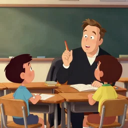 Walter White, Elon Musk, as a kids, sitting in the classroom, animation,