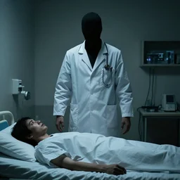 faceless doctor standing over a patient bed menacingly, creepypasta, dark