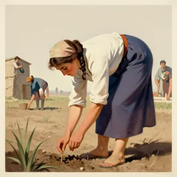 farmer woman bending down planting a seed in the ground, limited neutral palette, by petros afshar, anton fadeev, dean ellis, beautiful graphic full body portrait, propaganda poster art 1 9 7 0 s illustrated advertising art, painterly character design