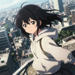 detailed anime visual portrait of a young black haired girl wearing hoodie sightseeing above the urban city sunny day dramatic lighting moody dynamic perspective dynamic posing by yoh yoshinari