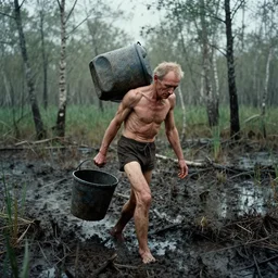 movie still by tarkovsky of an skinny old man carrying a bucket walking with difficulty in a swamp mud, cinestill 8 0 0 t 3 5 mm eastmancolor, heavy grain, high quality, noir, natural textures, photorealistic, ambient occlusion, hd, ultra wide lens, anamorphic