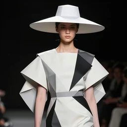 amazing photo of a fashion model wearing a modern geometrical costume and paper hat, photorealistic, hyperrealistic, extradetailed, modern detailed photo, by reza nia, beehance