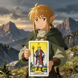 an wood elf boy getting ready for an high fantasy adventure on the mountain side, anime style, tarot card,
