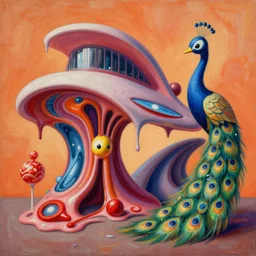 an extremely high quality hd surrealism warm painting of 4 d perspective neon complimentary - colors cartoon surrealism concave melting sculpture composition of zaha hadid biological anatomical candy peacock by vladimir kush