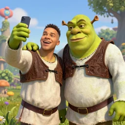 Shaun Ryder taking a selfie with Shrek in real life, Realistic, HD Quality, 8k Resolution, Digital Art, Trending on Artstation