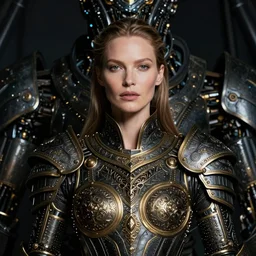 portrait of christine turlington as warrior of dark futuristic robotic world, by jan van eyck, h r giger, mysticism, intricate, highly ornate dark gold trim armoury