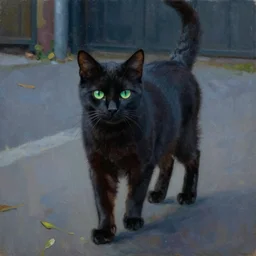 oil painting of a black cat with green eyes, walking down a street at night