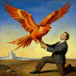 a painting of a phoenix bird trying to fly away while a big man is holding him back by its foot, in the style of dali