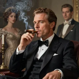 very sophisticated gentleman smoking a cigar, ultra detail, professionally retouched, soft lighting, wide angle, 8 k high definition, intricate, elegant, art by erik johansson, inna mosina, deivcalviz, timothy poulton