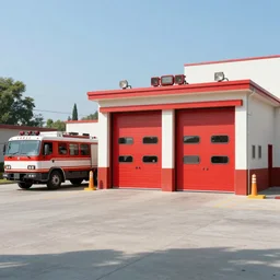 a fire station, with a train parked outside