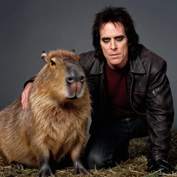 Bruce Campbell as Ash from Evil Dead, with a capybara