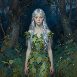 fey queen of the summer forest, dress of leaves, fine features, thin, young, silver shimmering hair, by brian froud, dusk scene, night colors, oil on canvas, oil panting