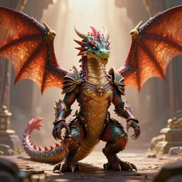 a dragon wearing colorful armor, extreme detail, octane render, trending on artstation, 4 k, medium shot, fantasy dragon, symmetrical, bokeh, volumetric backlighting.