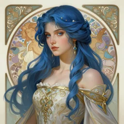 aristocrat, female, d & d, fantasy, intricate, elegant, highly detailed, blue hair, digital painting, artstation, octane render, concept art, matte, sharp focus, illustration, hearthstone, art by artgerm, alphonse mucha johannes voss