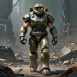 a big muscular body builder warrior in walking across a cyberpunk wasteland, mjolnir mk 6 armor from halo infinite, attractive female face, enhance face, symmetrical face details, ultra realistic, very highly detailed, 8K, octane, Digital painting, concept art, illustration, rule of thirds, sharp focus, facing camera, centered, good value control, realistic shading