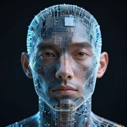Closeup portrait of a person constructed from circuitry, wireframe, digital concept art, dark background