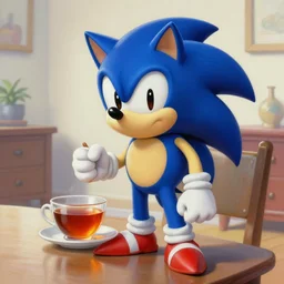 Sonic having a cup of tea in an apartment, Beautiful composition, hyperdetailed painting by Greg Rutkowski indoor smooth light
