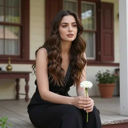 a beautiful portrait of the turkish actress sumeyye aydogan, duy beni serial, sitting on the porch holding a flower, in front of the house