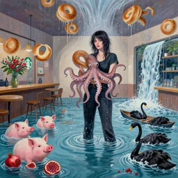 tall female emo artist holding an octopus in a flooded starbucks, bagels, pigs, water gushing from ceiling, painting of flood waters inside a cafe, a river flooding indoors, pomegranates, pigs, ikebana, water, octopus, river, rapids, waterfall, black swans, canoe, berries, acrylic on canvas, surrealist, by magritte and monet