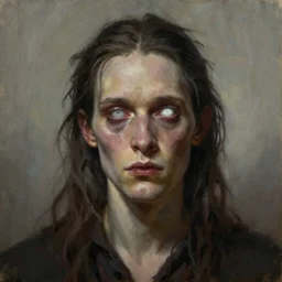 a demonic horrific portrait of eddie munson, white eyes, bored, illustration, soft lighting, soft details, painting oil on canvas by edmund blair leighton and charlie bowater octane render, hdr, trending on artstation, 4 k, 8 k, hd