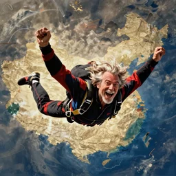 a skydiving falling happy screaming old man, long hair, arching, jumping, national cheographic, by annie leibovitz