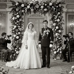 A wide full shot, colored black and white Russian and Japanese mix historical fantasy a photograph portrait taken of inside the royal wedding floral covered venue inspired by fairytales, photographic portrait, warm lighting, 1907 photo from the official wedding photographer for the royal wedding.