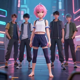 a beautiful fullbody portrait of a cute anime boy with pink hairs barefoot wearing sport clothing and leggings under shorts in cyberpunk city. character design by cory loftis, fenghua zhong, ryohei hase, ismail inceoglu and ruan jia. artstation, volumetric light, detailed, photorealistic, fantasy, rendered in octane