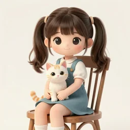a vintage cute girl with pigtails and kitten sitting on a chair in the kitchen, beautiful colors, painted in the style Vintage greeting card, detailed