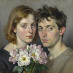 closeup floral portrait of man and woman by wojciech siudmak and ernst fuchs, oil on canvas