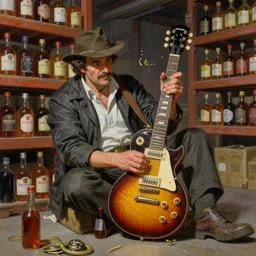 Snake Oil salesman shredding on a Gibson Les Paul in a snake oil warehouse, painting by Frank Frazetta