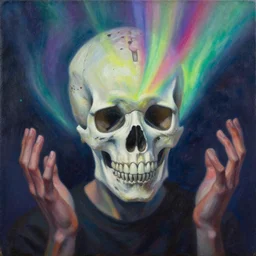 a schizophrenic with an aurora skull's mind is blowing up, by ross tran, oil on canvas