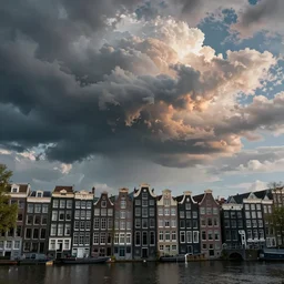apocalyptic amsterdam with psychedelic clouds in the year 2 1 4 5. 4 k