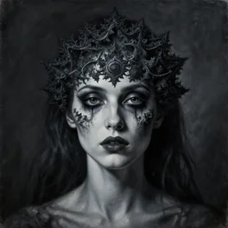 dramatic portrait painting of woman with black mandelbrot fractal instead of face, in style of zdzisław beksinski, horror, body horror, dark, disturbing,
